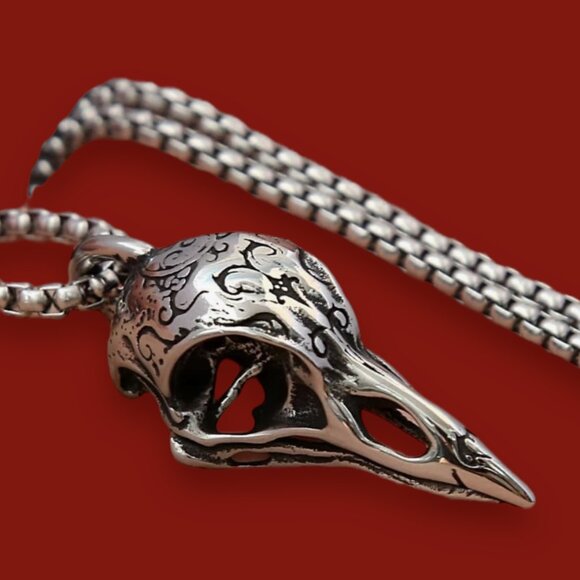 Silver Antique Raven Crow Skull Box Chain Pendant Necklace - NEW - Picture 2 of 3